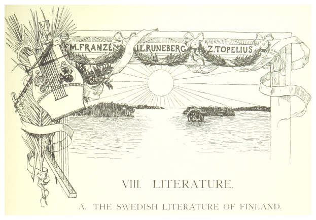 Ein Blatt Papier mit einer Zeichnung eines Bootes auf Wasser umgeben von Bäumen und einer Sonne, mit Text unten lesend "VIII Literatur: Eine schwedische Literatur Finnlands"