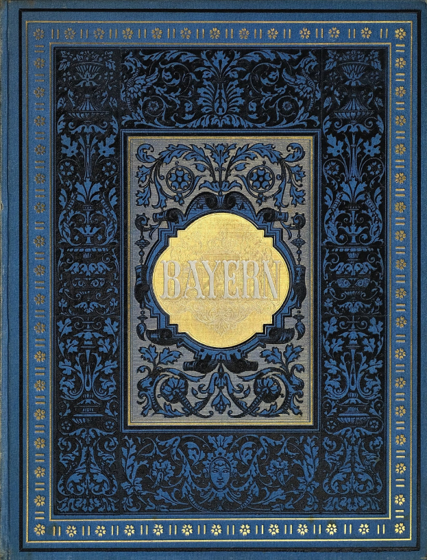 Blau-Gold-Buch mit dem Wort "Bayern" auf dem Cover, verziert mit detaillierten Designs.