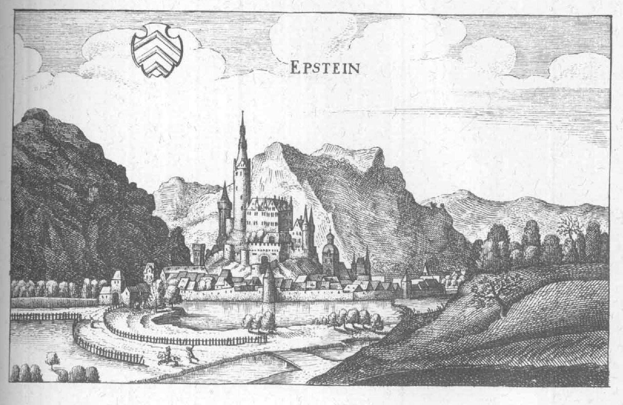 Eine Gravur eines Schlosses auf einem See, umgeben von Bäumen, Hügeln und einem bewölkten Himmel, mit der Aufschrift "Einsteins Schloss in Deutschland" oben.