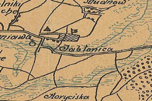 Ausführliche alte Karte von Jobtonica mit Straßen, Gebäuden, Landmarken und Text mit zusätzlichen Stadtinformationen.