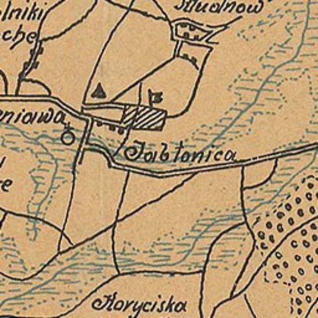 Ausführliche alte Karte von Jobtonica mit Straßen, Gebäuden, Landmarken und Text mit zusätzlichen Stadtinformationen.