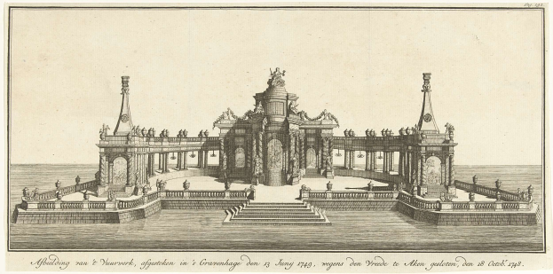 Ein historisches Bild einer Fontäne in einem Gewässer, umgeben von Skulpturen, Treppen und Geländern, mit Text unten, der "Abbelding van & Nuurwerk, afgertaken in 'Groenhage' am 13. Juni 1749" lautet.