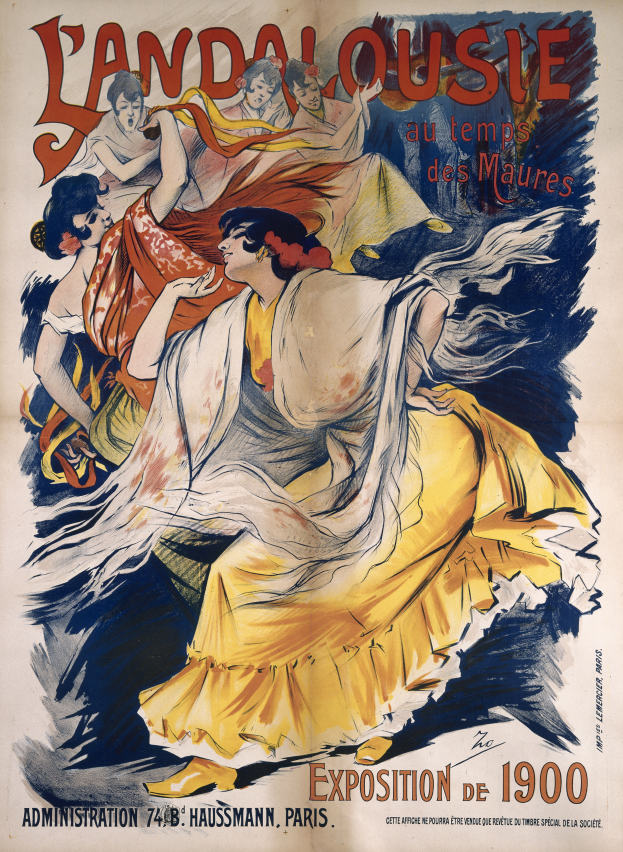 Ein Plakat, das die Landalousie-Ausstellung auf der Weltausstellung Paris 1900 ankündigt, zeigt eine Frau in einem gelben Kleid zusammen mit anderen Menschen und Text.