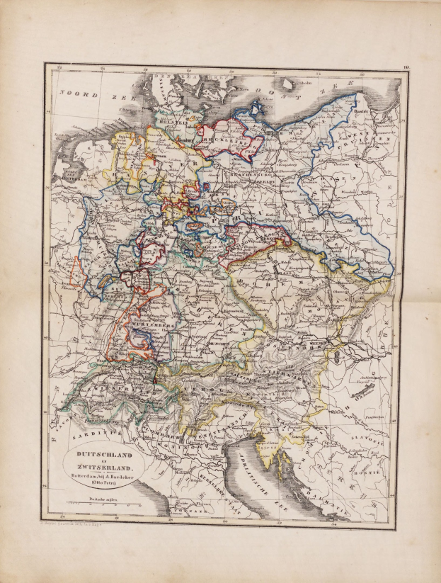 Ein altes Buch mit einer detaillierten Karte von Deutschland und den Provinzen der Niederlande, mit beschrifteten Städten, Dörfern und geografischen Merkmalen.