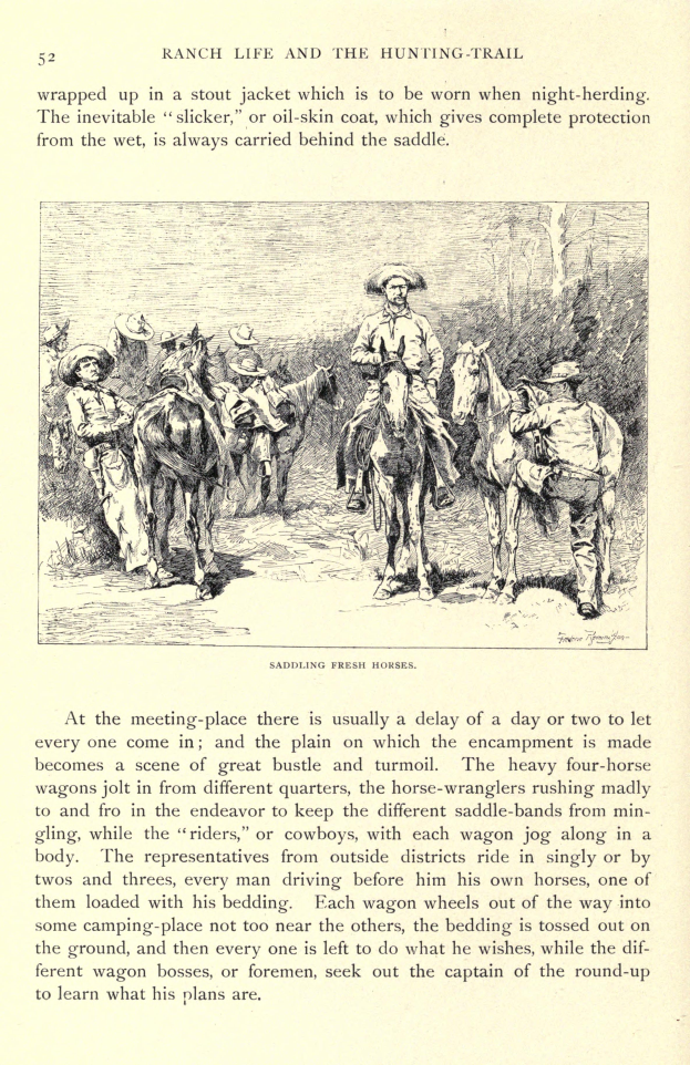Eine Buchseite mit einer Illustration von Menschen in Cowboyhüten und Stiefeln, die galoppierende Pferde über eine grüne Wiese reiten, mit dem Text "Ranch Life and the Hunting Trail".
