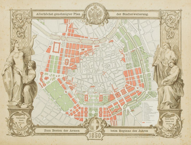 Alte Karte von Berlin, Deutschland, mit zwei Statuen auf beiden Seiten, die detaillierte Straßen, Gebäude und Sehenswürdigkeiten zeigt.