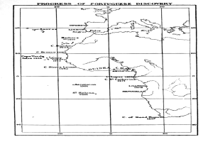 Schwarze und weiße Karte, die den Fortschritt der portugiesischen Entdeckung zeigt, mit geografischen Details wie Flüssen, Bergen und Städten sowie begleitendem Text, der die beteiligten Länder nennt.
