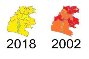 Karte von Deutschland, die die provinziellen Grenzen von 2002 in rot, 2018 in gelb und überlappende Bereiche in orange auf einem weißen Hintergrund mit Text hervorhebt.