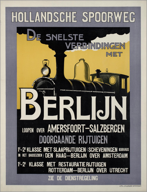 Plakat in Berlin, Deutschland, das eine Bahn anpreist, mit einem Bild der Bahn und Text auf der Seite.