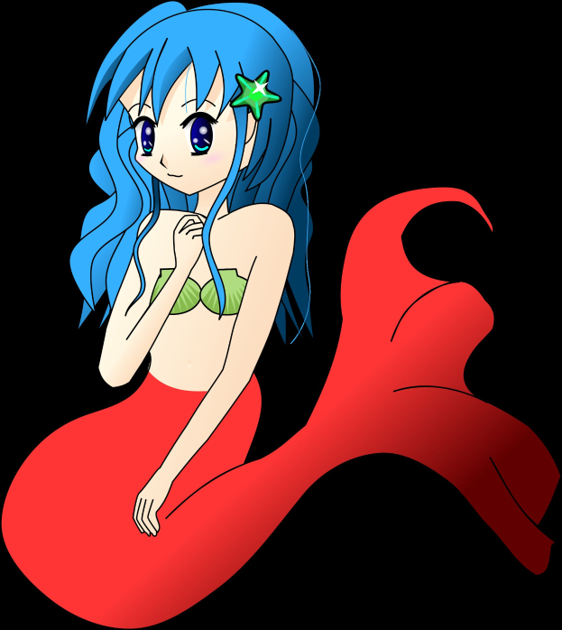 Eine Cartoon-Meerjungfrau mit blauer Haare, die ein grünes und rotes Kleid trägt und einen leuchtend roten Schwanz gegen einen weißen Hintergrund hat.