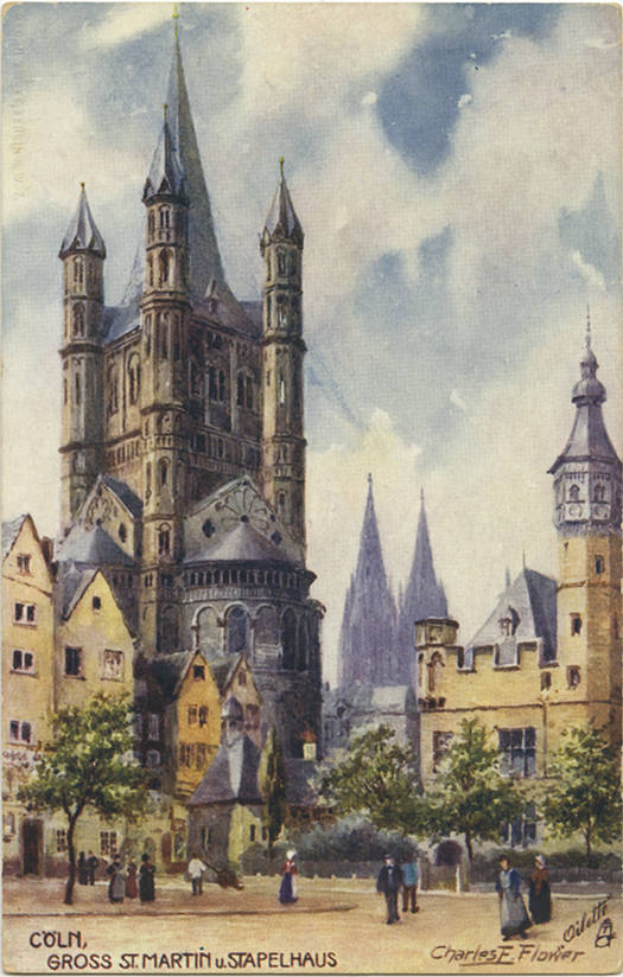 Eine alte Postkarte, die die St. Martinskirche in St. Paul, Deutschland, zeigt, umgeben von Gebäuden, Bäumen und Menschen, mit einem bewölkten Himmel im Hintergrund und Text unten.