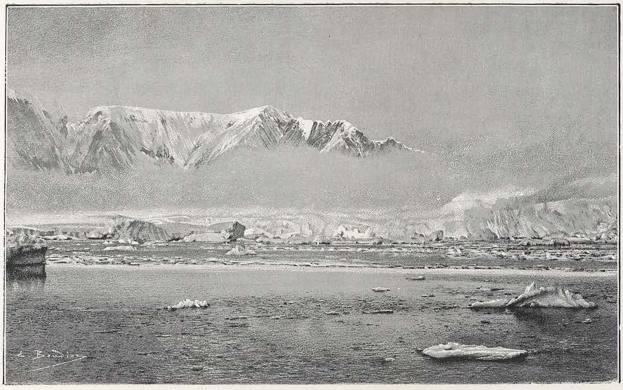 Ein altes Schwarz-Weiß-Foto eines großen Gewässers mit Eisbergen im Vordergrund, Bergen im Hintergrund und dem Text "Antarktis, der arktische Kreis" unten.