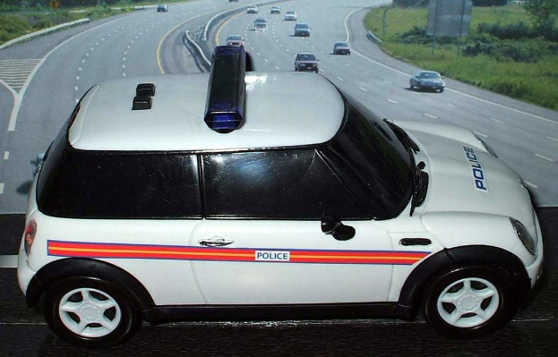 Ein weißer Polizeiwagen steht im Vordergrund mit vielen Autos auf der Straße dahinter, umgeben von Gras und Bäumen auf beiden Seiten.