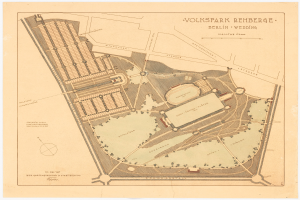 Detailierte alte Karte von Berlin, Deutschland, mit hervorgehobenen Gebäuden, Straßen und Parkanlagen im Volkspark Rehberg.