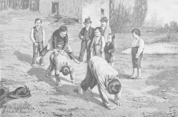 Schwarz-weißes Bild von Kindern, die auf einem Feld spielen, mit zwei kämpfenden Jungen in der Mitte und anderen Zuschauern sowie einem Hut und Text links.