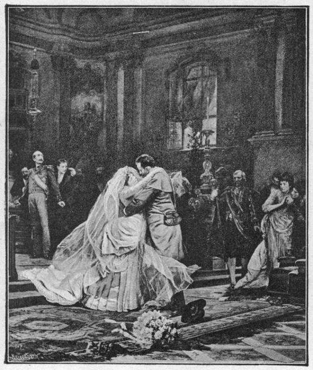 Schwarz-weißes Foto einer Braut und eines Bräutigams, die sich vor einer Menge küssen, mit einem Blumenstrauß auf dem Boden und einer Wand mit einem Fenster im Hintergrund.