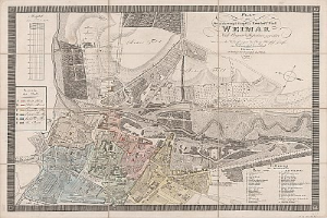 Ausführliche alte Karte von Weimar, Deutschland, mit Straßen, Gebäuden und Landmarken sowie zusätzlichem Text über die Stadt.