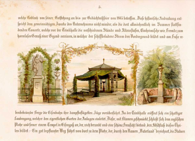 Eine alte Buchseite mit einer Zeichnung eines Pavillons umgeben von Skulpturen, Bäumen, Pflanzen und einer Hütte, mit der Aufschrift "1865 - garten in der bauenhaus - deutschland".