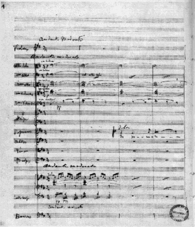 Schwarz-weißes Notenblatt für Johann Sebastian Bachs Symphonie Nr. 4 in G-Dur, Op. 63, mit einem Stempel im rechten unteren Eck, der "Di-Arezzo Co UK" lautet.